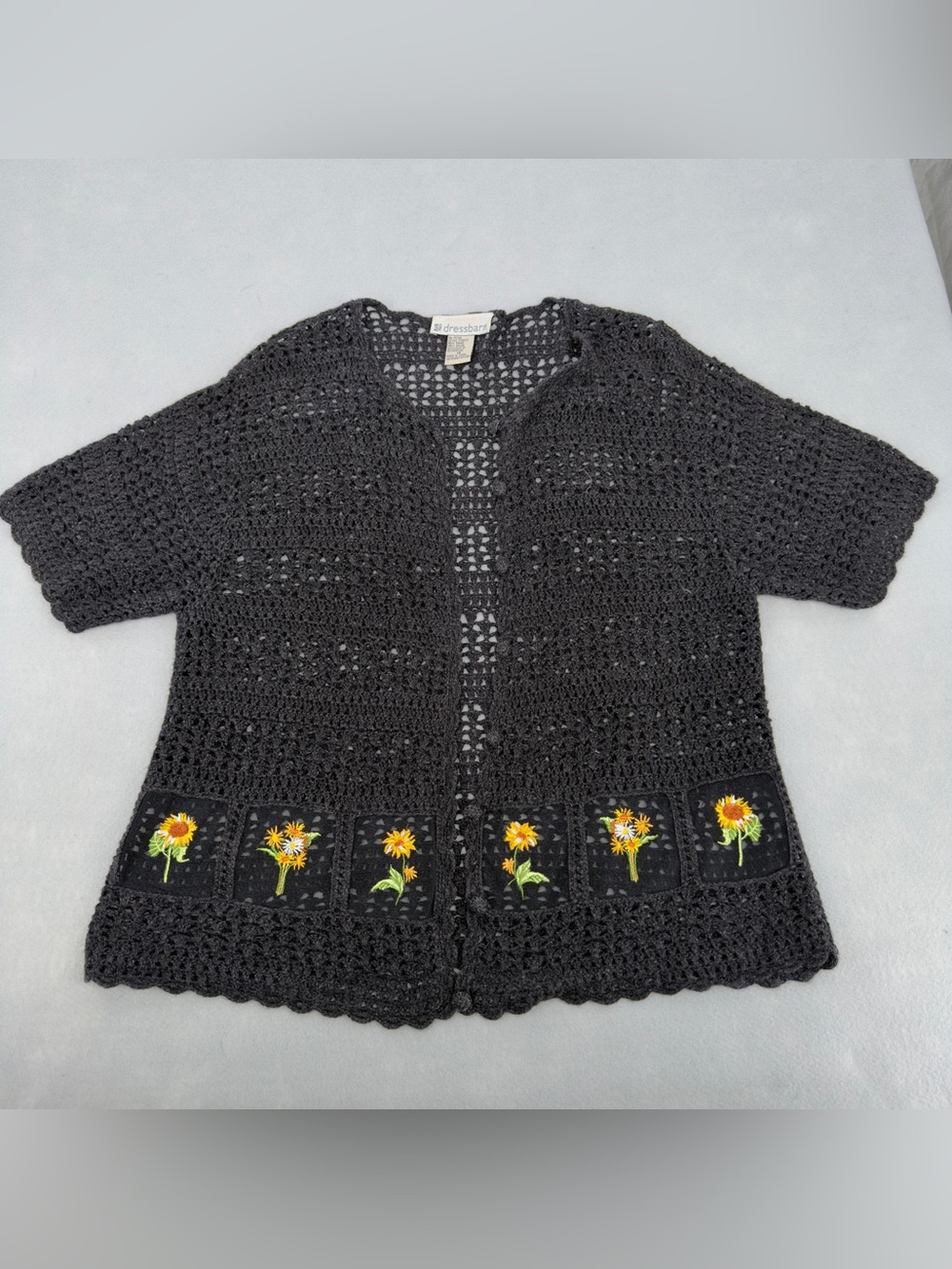 Vintage Y2K Dressbarn Crochet Knit Sunflower Black Short Sleeve Cardigan Top 10